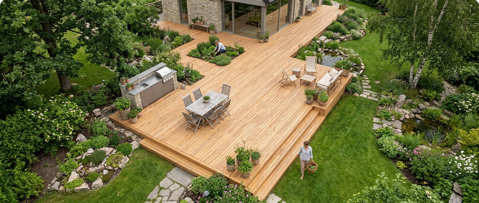 Handwerker verlegt WPC-Terrassendielen auf Aluminium-Unterkonstruktion